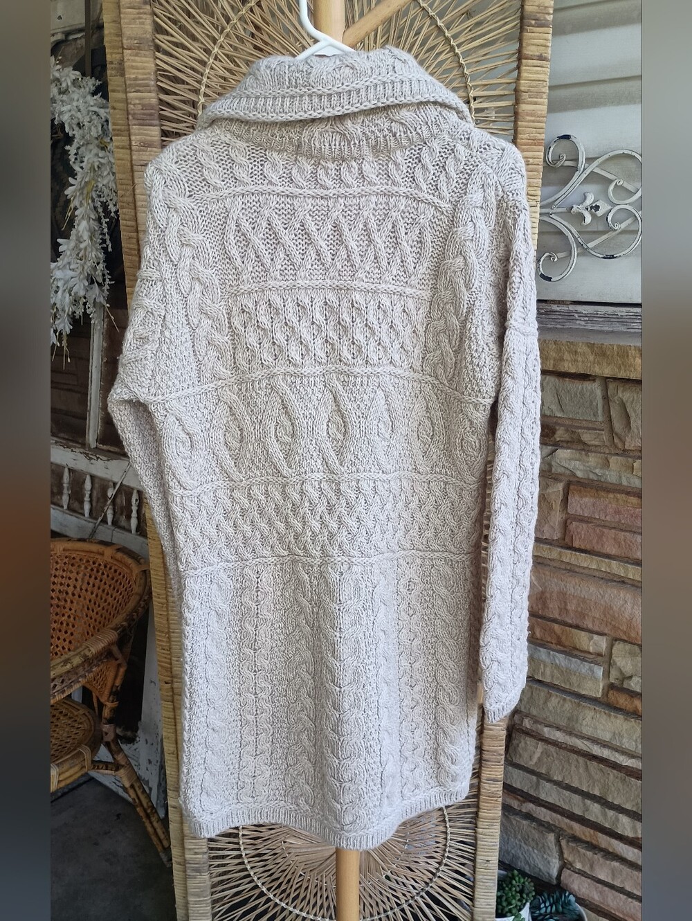 Inis Crafts Long 100% Merino Wool Cream Cable-Knit Zip Cardigan Sweater_M - Picture 7 of 8